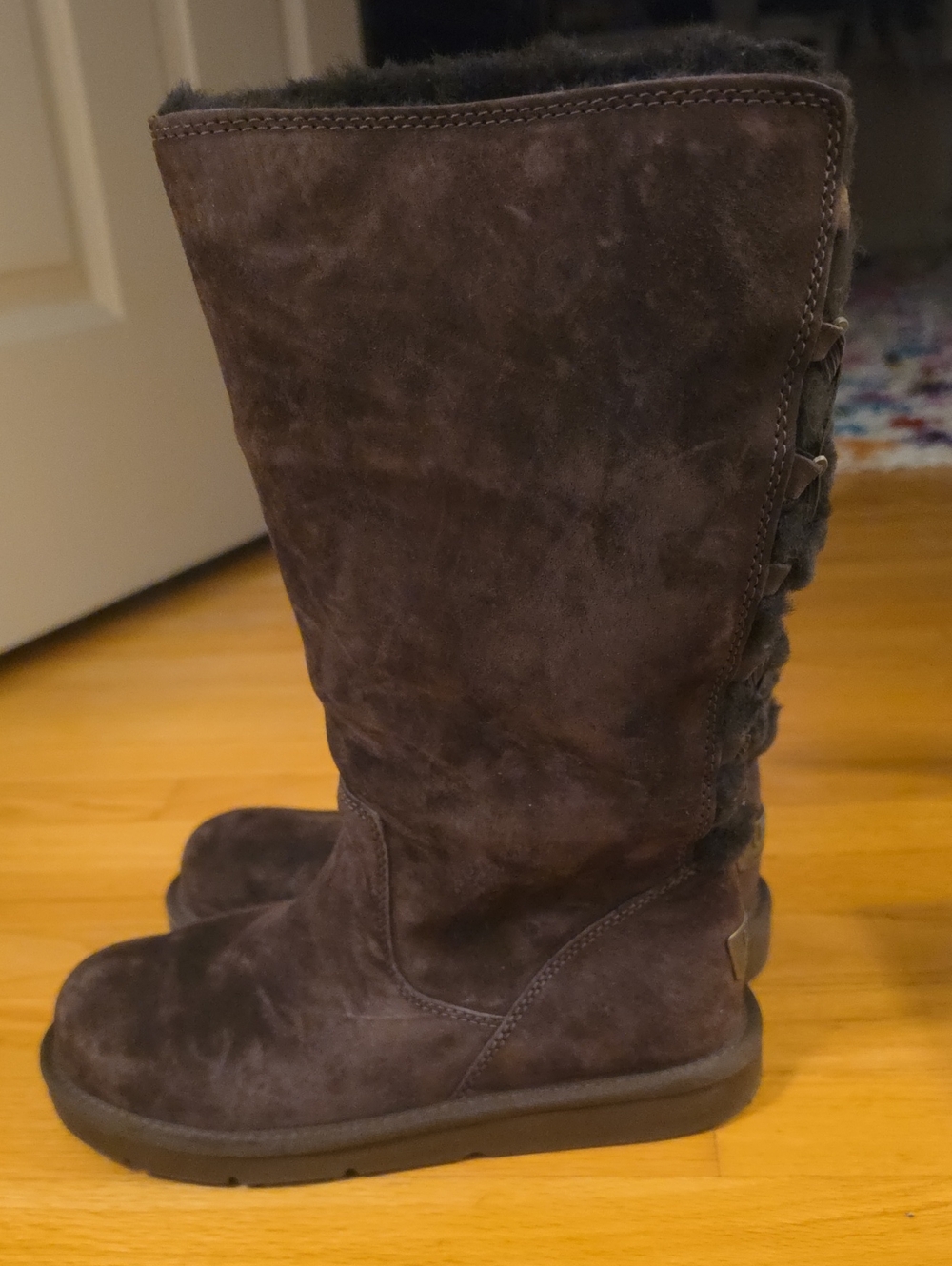 UGG Tall Dark Brown Suede Winter Boots with Shearling Trim